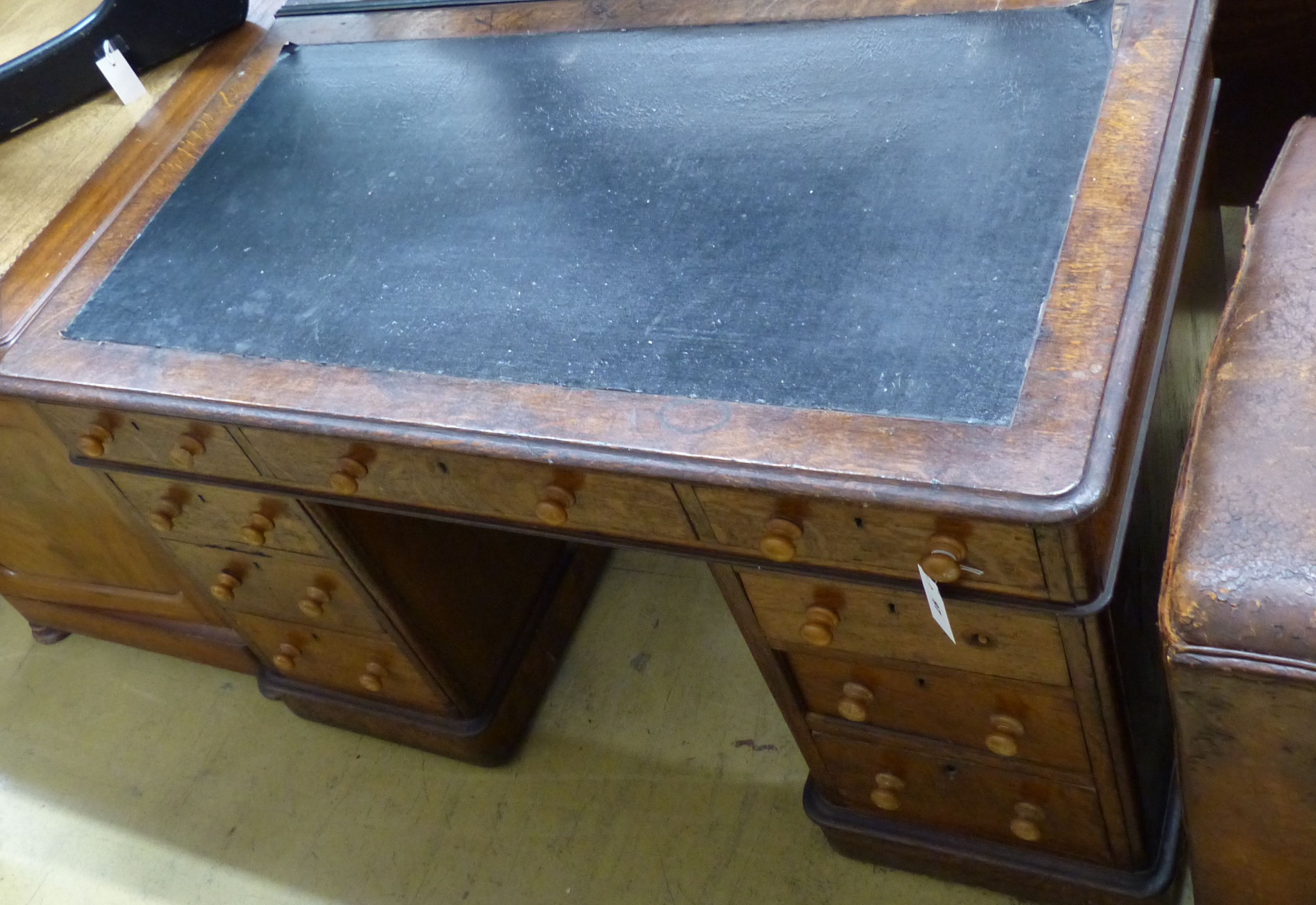 A late Victorian oak pedestal desk, length 122cm